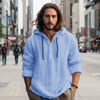 Men's Full Size Half Button Long Sleeve Hoodie - Light Blue