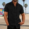 Mens Button Down Short Sleeve Linen Shirts - Black