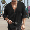 Men's Fashion Shirt Short Sleeve Beach V-Neck Drawstring - Black