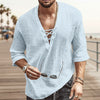 Men's Fashion Shirt Short Sleeve Beach V-Neck Drawstring - Light Blue