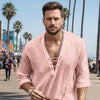 Men's Fashion Shirt Short Sleeve Beach V-Neck Drawstring - Pink