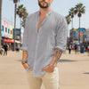 Mens Summer Casual Long Sleeve Cotton Linen T-Shirt - Gray
