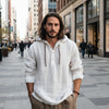Men's Full Size Half Button Long Sleeve Hoodie - Ivory