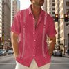 Men's Guayabera Cuban Shirt - Casual Short Sleeve Printed Streetwear - Red