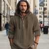 Men's Full Size Half Button Long Sleeve Hoodie - Coffee Brown