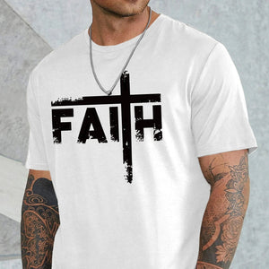Large Men's Casual Fashion Sports T-shirt, Faith Pattern Round Neck Comfortable T-shirt Summer Clothing