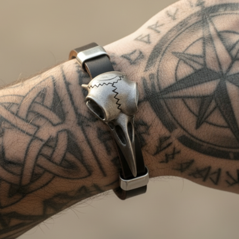 Vikings Raven Skull Leather Bracelet