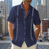 Men's Guayabera Cuban Shirt - Casual Short Sleeve Printed Streetwear - Navy Blue