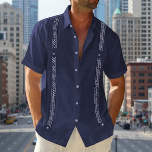 Men's Guayabera Cuban Shirt - Casual Short Sleeve Printed Streetwear