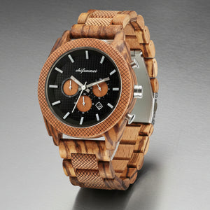 Men's Wood Chronograph Watch - Six Hand Calendar Sports Casual Timepiece