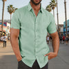 Mens Button Down Short Sleeve Linen Shirts - Green