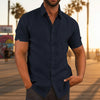 Mens Button Down Short Sleeve Linen Shirts - Navy