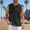 Men's Cotton Linen Tank Top Shirts Casual Sleeveless Lace Up Beach Hippie Tops Bohemian Renaissance Pirate Tunic - Black