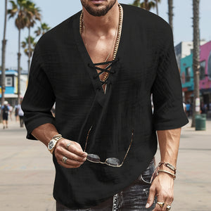 Men's Fashion Shirt Short Sleeve Beach V-Neck Drawstring