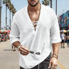 Men's Fashion Shirt Short Sleeve Beach V-Neck Drawstring - White