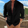 Men's Linen Button Up Shirt Long Sleeve Plain Band Collar - Black