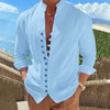 Men's Linen Button Up Shirt Long Sleeve Plain Band Collar - Blue