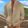 Men's Linen Button Up Shirt Long Sleeve Plain Band Collar - Khaki