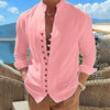 Men's Linen Button Up Shirt Long Sleeve Plain Band Collar - Pink