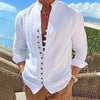 Men's Linen Button Up Shirt Long Sleeve Plain Band Collar - White