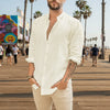 Mens Summer Casual Long Sleeve Cotton Linen T-Shirt - Beige