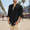 Mens Summer Casual Long Sleeve Cotton Linen T-Shirt - Black