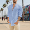 Mens Summer Casual Long Sleeve Cotton Linen T-Shirt - Blue