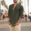 Mens Summer Casual Long Sleeve Cotton Linen T-Shirt - Olive Green